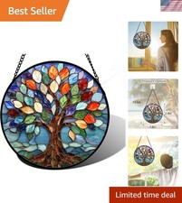 Stained Glass Window Hanging, Colorful Tree of Life s Glass Panel Blue Suncat...