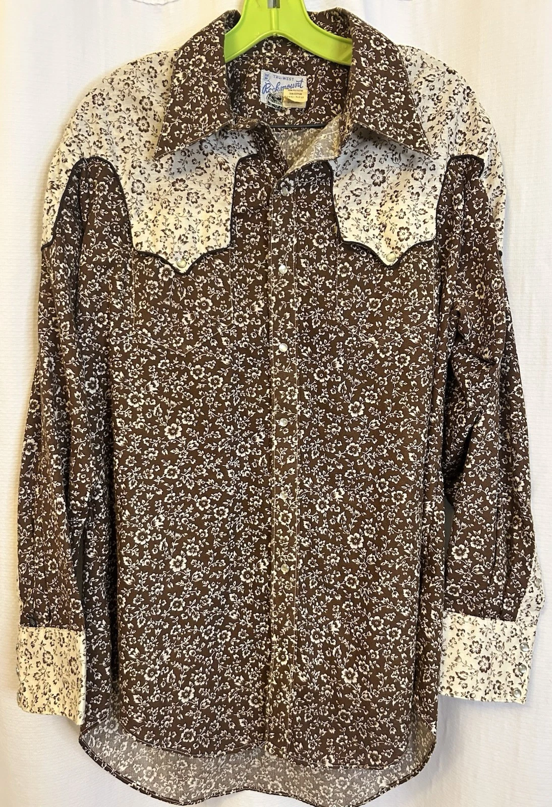 VTG Rockmount Ranch Wear Brown Floral Western Shirt Mens Pearl Snap