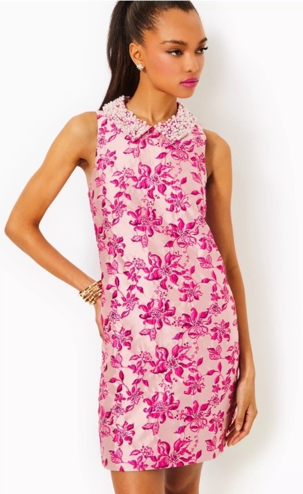 beaded collar shift dress Lilly Pulitzer SZ 10 Kelliana Just Passion Through Brocade NWT Pink finished with soft tassel