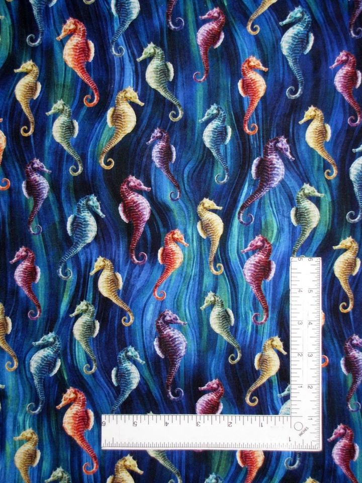 Seahorse Nautical Ocean Fabric By The Yard Tides of Color Cobalt Cotton Hoffman
