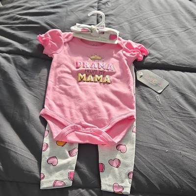 Wild Child by bon bébé Girls 3pc Outfit Set 6-9M Pink Heart Bodysuit Pants