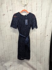 Chaps Navy Blue Lace Midi Pencil Dress Short Cap Sleeve Satin Belt Sz 8 NEW