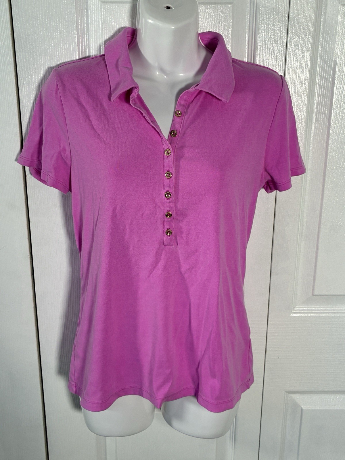 Lilly Pulitzer Womens Reema Short Sleeve Polo Shirt in Aura Pink Cotton Size Large