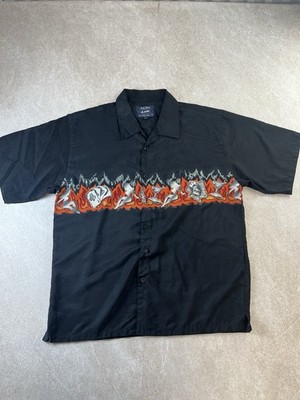 Vintage Urban Rags Y2K Flame Poker Gambling Button Up Bowling Shirt XL schwarz rot