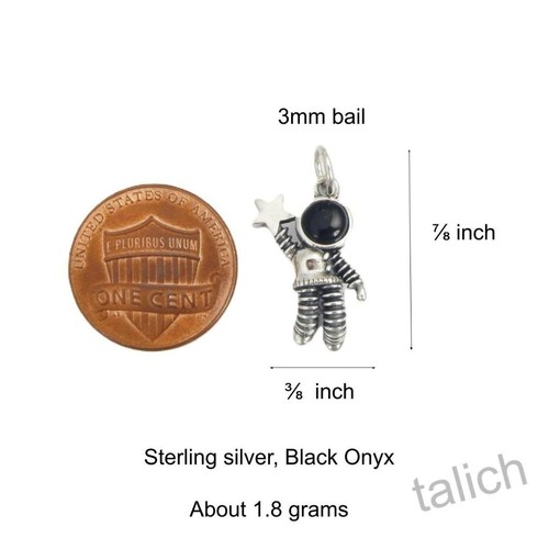 Sterling Silver Black Onyx Small Retro Robot Astronaut Charm Pendant Cute Unique