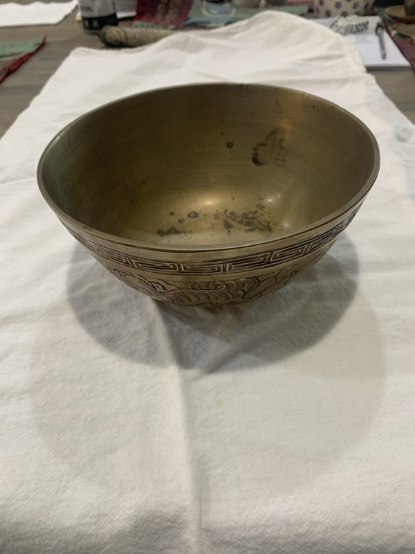 Vintage Chinese Brass Bowl Engraved Dragon And Design 7.5 Round 3.5 Deep