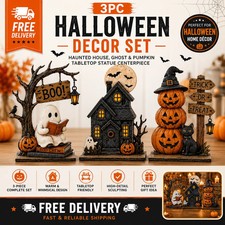 3pc Halloween Decor Set Haunted House Ghost Pumpkin Tabletop Statue Centerpiece