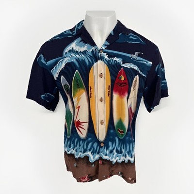 Paradise Found Shirt Mens XL Blue Surfboard Hawaiian Aloha Rayon Button Up