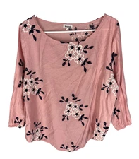 KINDRED Anthropologie Top L Pink Floral Embroidered Ditzy Fairy Cottage Dainty