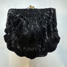 VTG Black Beaded Kiss Lock Clutch Clam Shell Evening Bag Chain La Regale