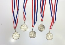 5 Gold-Colored Award Medals   Red White Blue Ribbons   Generic / Blank