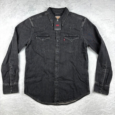 NWT Levis Barstow Denim Shirt Mens M Black Wash Pearl Snap Hemp Western Cowboy