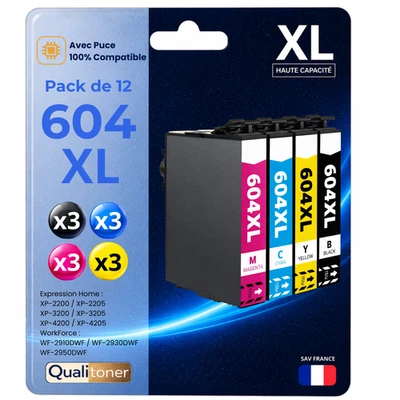 Pack 12 Cartouches compatible pour Epson 604XL Noir Couleur - Photo 1/4