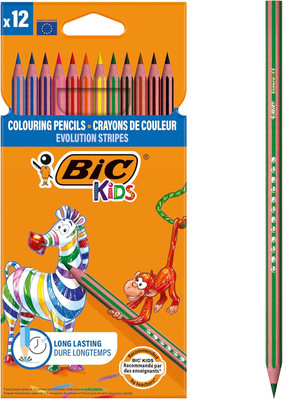 Kids Evolution Stripes Colouring Pencils - Assorted Colours, Pack of 12