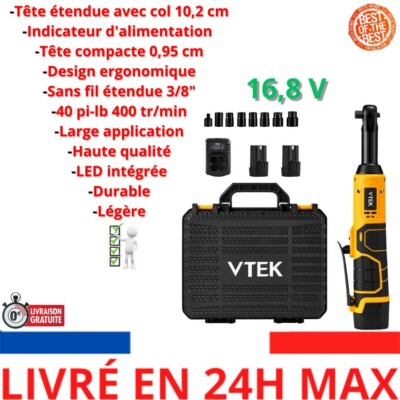 Clé à Cliquet électrique 3/8 16.8V 40 Pi-lb Clé à Cliquet Sans Fil VTEK 3/8 - 16,8V, 40 Pi-lb, 400 Tr/min, Tête Étendue 10,2 Cm Batterie Lithium 16.8v