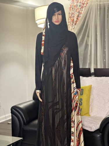 Black Hijab Abaya Gown Printed Silk Stylish Double Step with Scarf - Picture 2 of 7