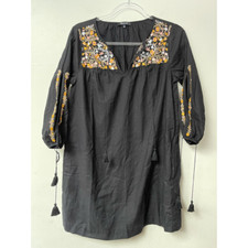 Madewell Womens Tunic Dress Multicolor Floral Tie Slit 3/4 Sleeve Embroidered S