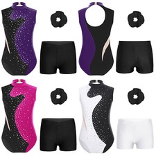 Kids Girl Leotard Exercise Outfits Color Block Bodysuit Ice Skating Jumpsuit
