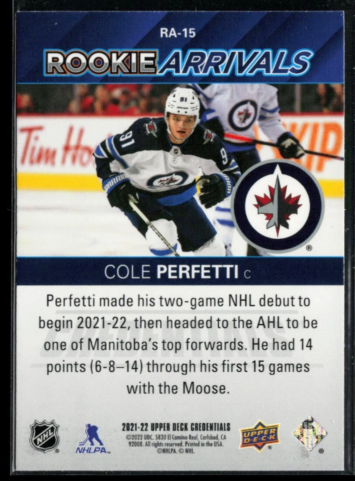 2021-22 Upper Deck Credentials Rookie Arrivals #RA-15 Cole Perfetti RC - Image 2 of 2