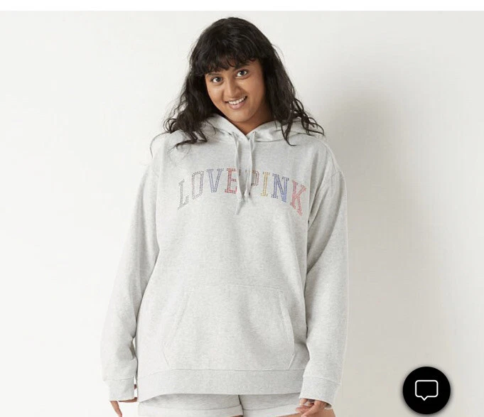 NEW BLING VICTORIA SECRET PINK FLEECE PULLOVER CAMPUS HOODIE Warped Logo XS