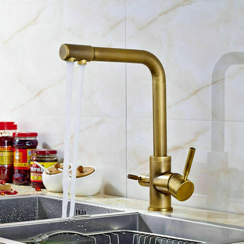 Antique Brass 3 Way Kitchen Filter Mixer Sink Tap 360°Swivel Faucet - Image 2 of 4