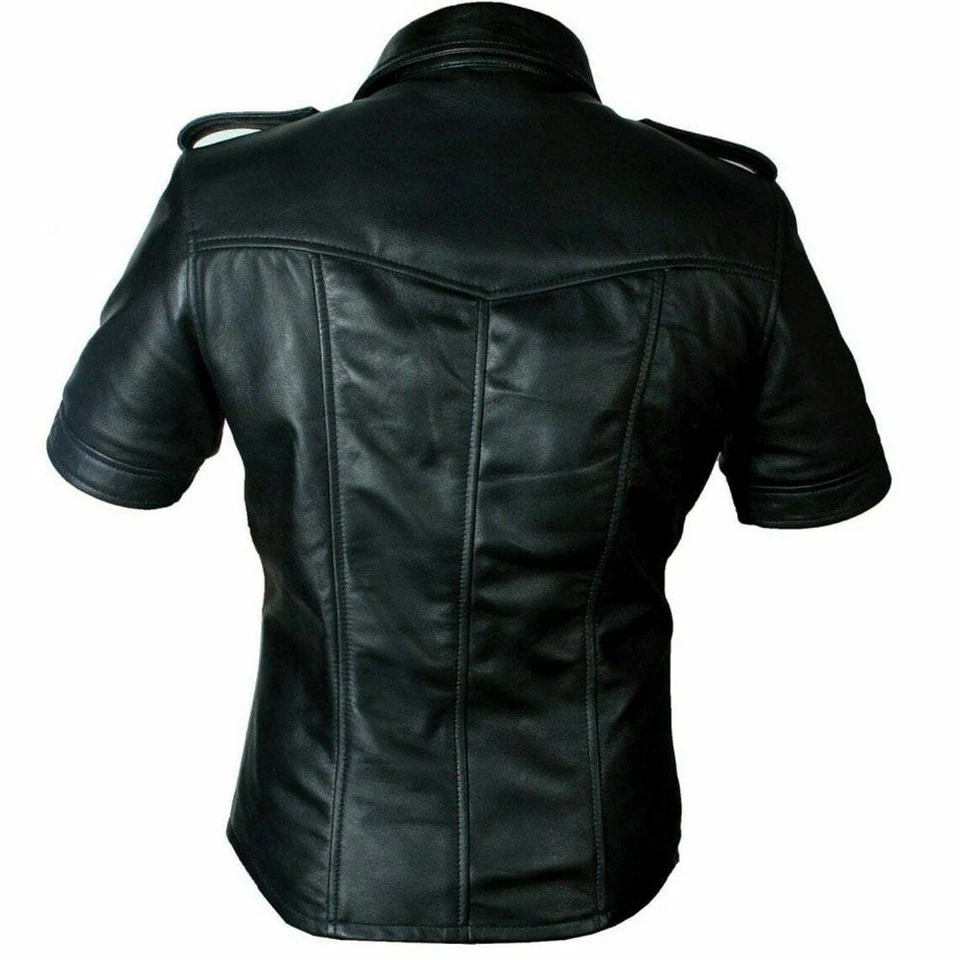 Hombres Lo último Genuino Negro Oveja CUERO Media Mangas Policía Militar Uniforme Camisa Foto 3 de 4