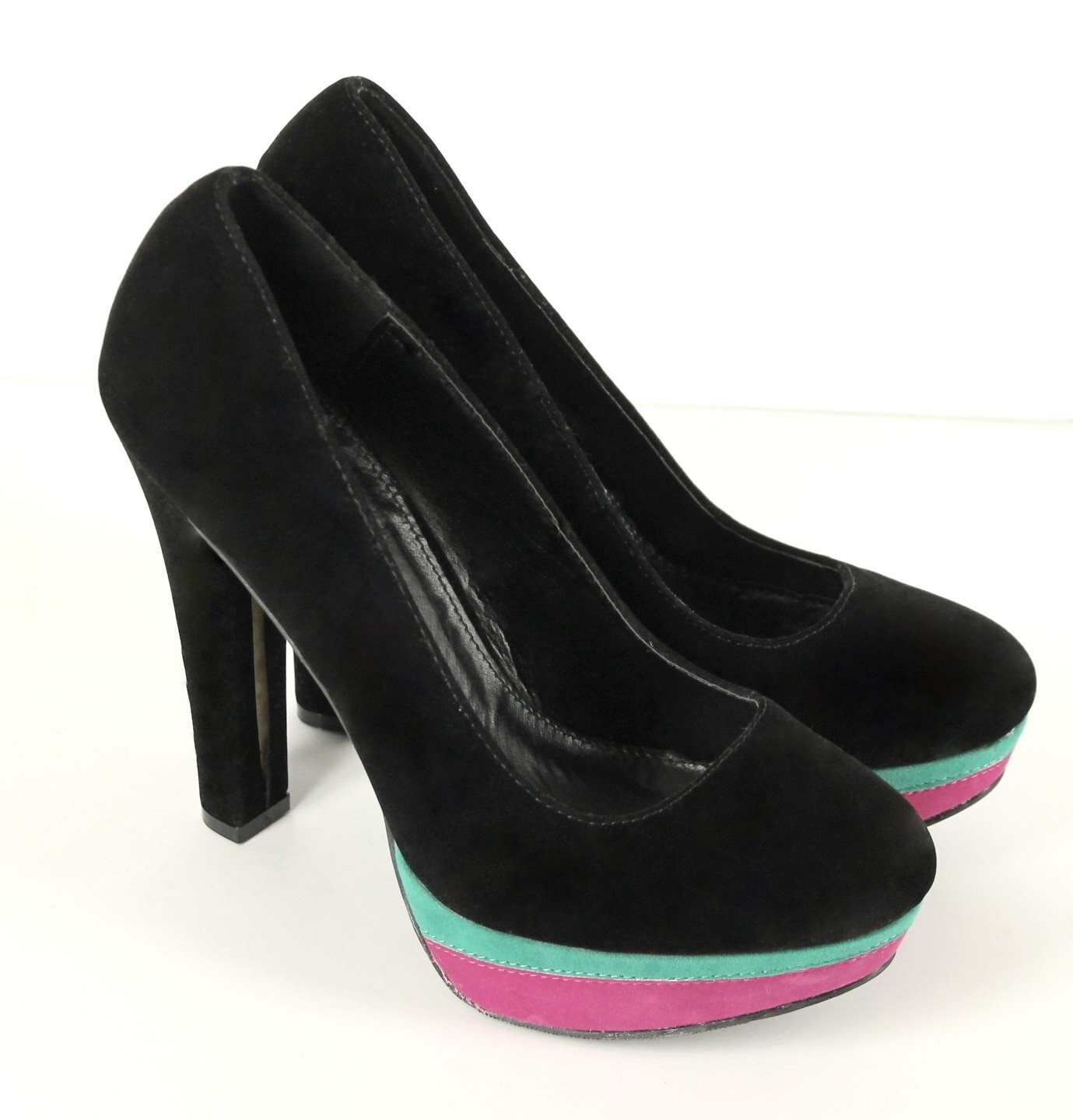 Qupid Black Velvet Platform Pumps with 5.75 Inch Heel in Pink-Green Stripe