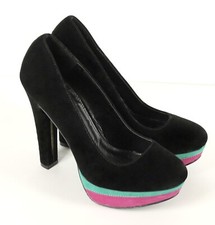 {QUPID} Black Velvet Platforms/Heels/Pumps Pink-Green Stripe 5.75" heel ~10