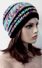 handmade crochet womans hat beanie tan purple blue puffs USA made
