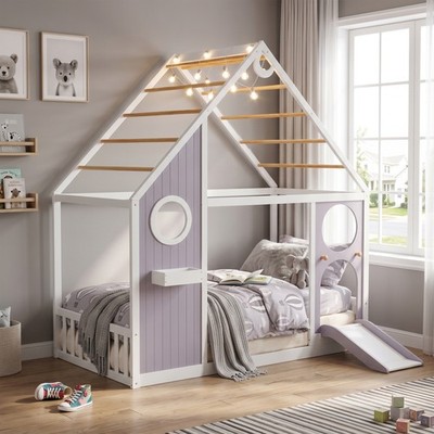 Twin House Bed with Slide, Ball Light Strip, Wooden Playhouse Design Platform