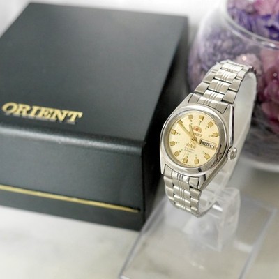 Orient Three Star Women's Automatic Watch Champagne Gold Dial Day Date w/ Box