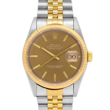 Rolex Datejust Turn-O-Graph 16263 Auto 36mm Tan Dial YG Fluted Bezel T/T w.Box