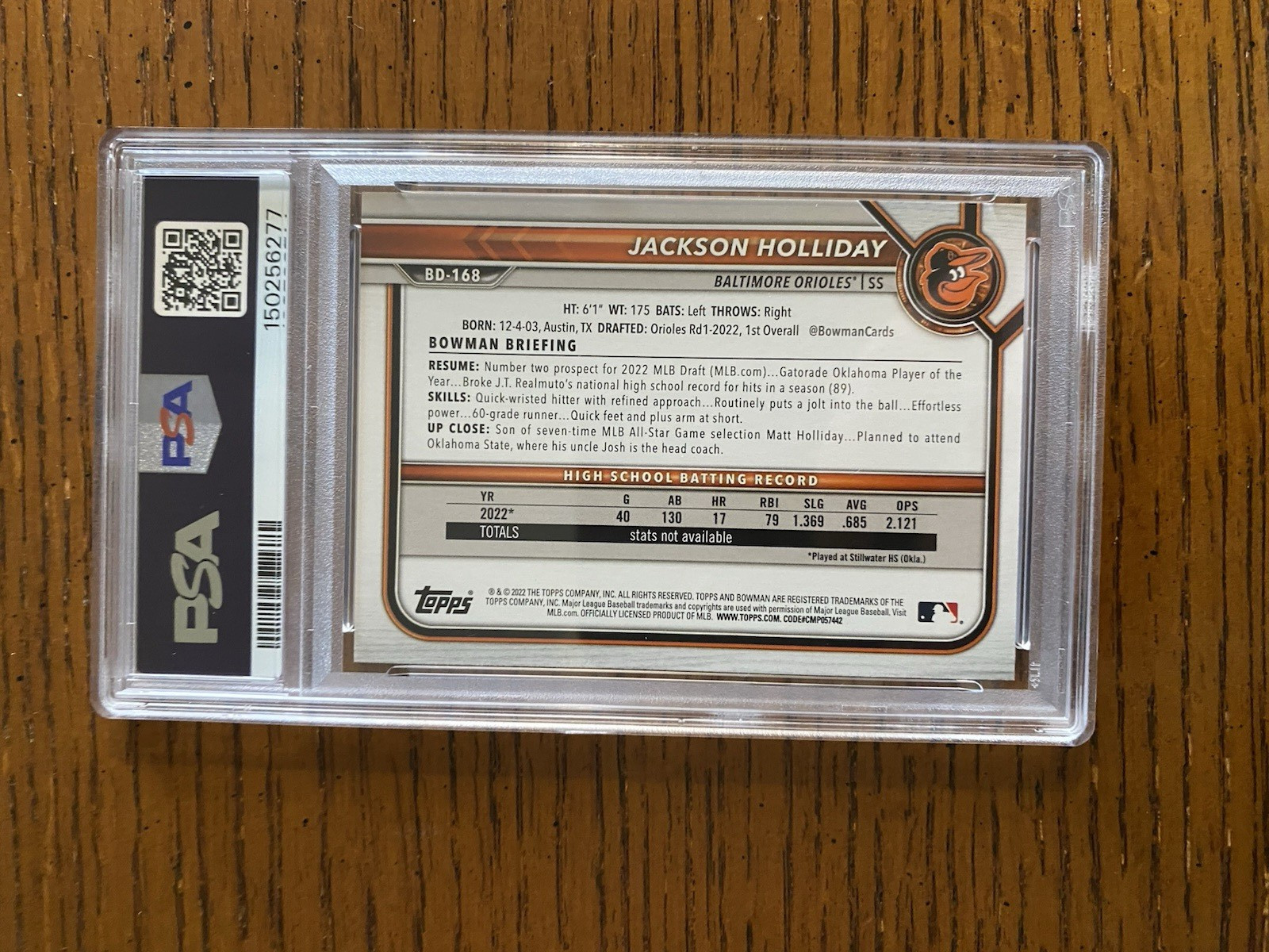 2022 Jackson Holliday Bowman Draft 1st Edition #168 PSA 9 view 2