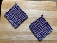 Handmade 2 Cotton Woven Potholders 3 Colors Hydrangea Lavender and Plum Design