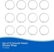 Kenney Smooth Shower Curtain Rings Set of 12 Clear Plastic Rustproof Easy Snap