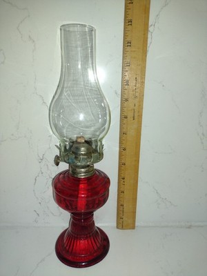 Vintage Ruby Red Govdfish Oil Lamp w/Clear Chimney 12.25'' Farmhouse Cottage Core