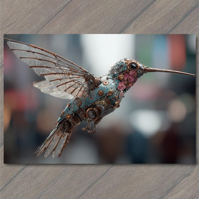 Art Print Cyber Hummingbird Mecha Bird Futuristic Wings Steampunk Metal Flora