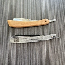 Two Cut-Throat Straight Razors Facon Premium and River Lake Brown Gray Handles