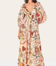 Farm Rio Size M Pink Folk Party Dress Maxi Shirring Back Party Cocktail