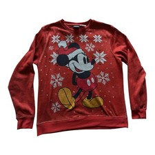 Disney Large Red Mickey Santa Hat Snowflake Sweatshirt Sweater Double Knit Xmas