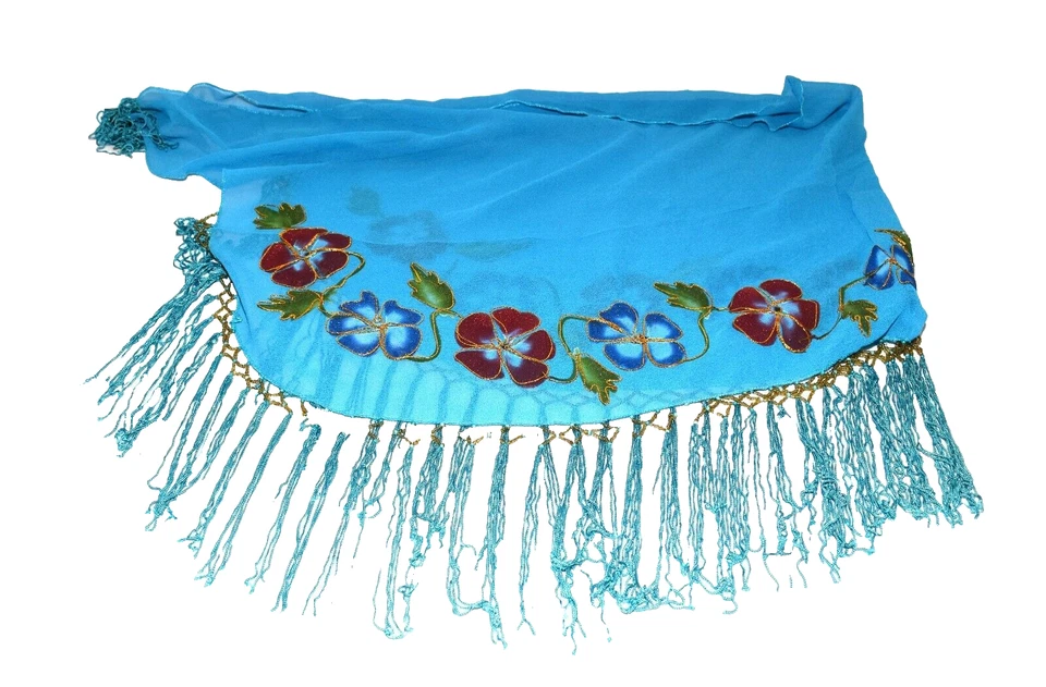 Mantón envolvente vintage de gasa con flecos de hilo dorado floral pintado turquesa transparente Foto 2 de 4