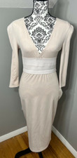 AX Paris V Neck Long Sleeve Bodycon Work Business Cocktail Dress Size 8 Beige