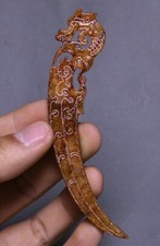 Colgante Cuchillo Bestia Dragón Tallado Jade Hetiano Cultura Hongshan Antigua 4.3"