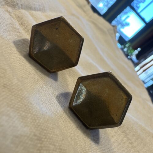 Pair(2) Brass Vintage McCobb Atomic Mid Century Modern Drawer Pull Hexagon Knobs