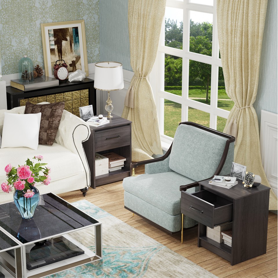 Nightstand w/Drawer Storage Shelf Wooden End Side Table Bedroom Black