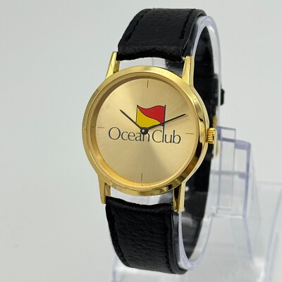 Women's OCEAN CLUB Cruise Logo Gold Tone Advertising Watch, Black Leather, 33mm