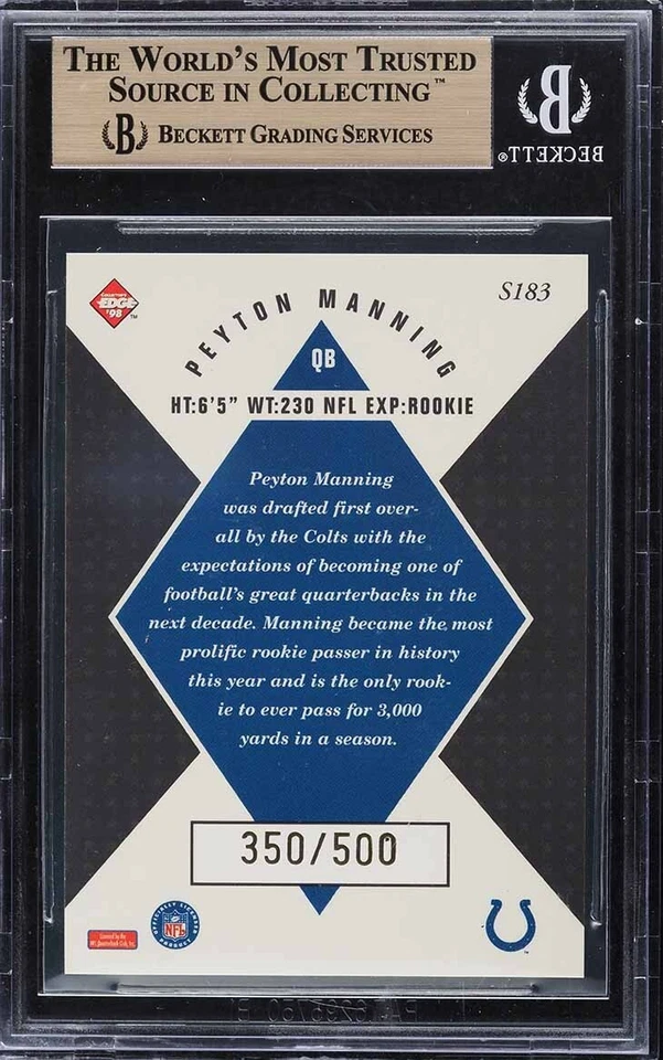 1998 Collector's Edge Masters Gold #S183 Peyton Manning RC /500 BGS 9.5 GEM MINT - Image 2 of 2