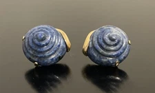 14K Solid Yellow Gold Stud Earrings Large Snail Seashell Shaped Lapis Lazuli