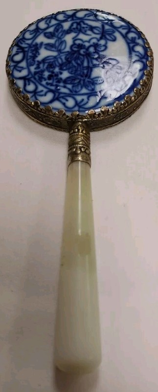 Vintage Chinese Porcelain 5.5” Hand Mirror Round Blue Floral Design