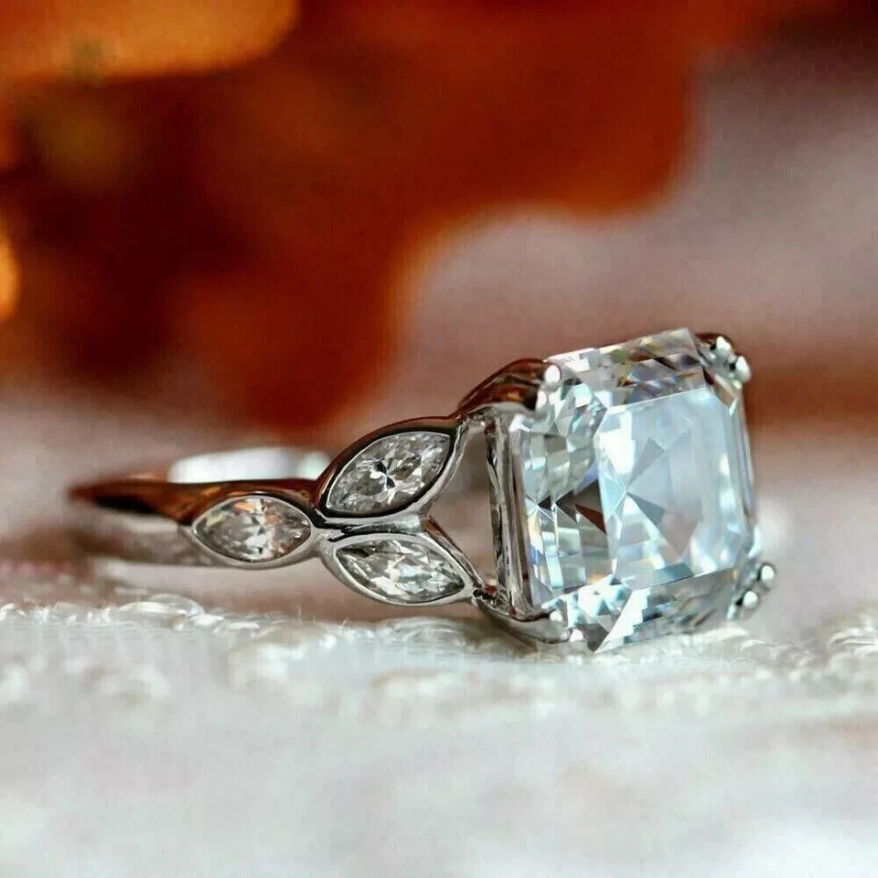 Anillo de compromiso solitario de diamantes creado en laboratorio talla Asscher de 3,0 quilates de plata 925 maciza Foto 3 de 4